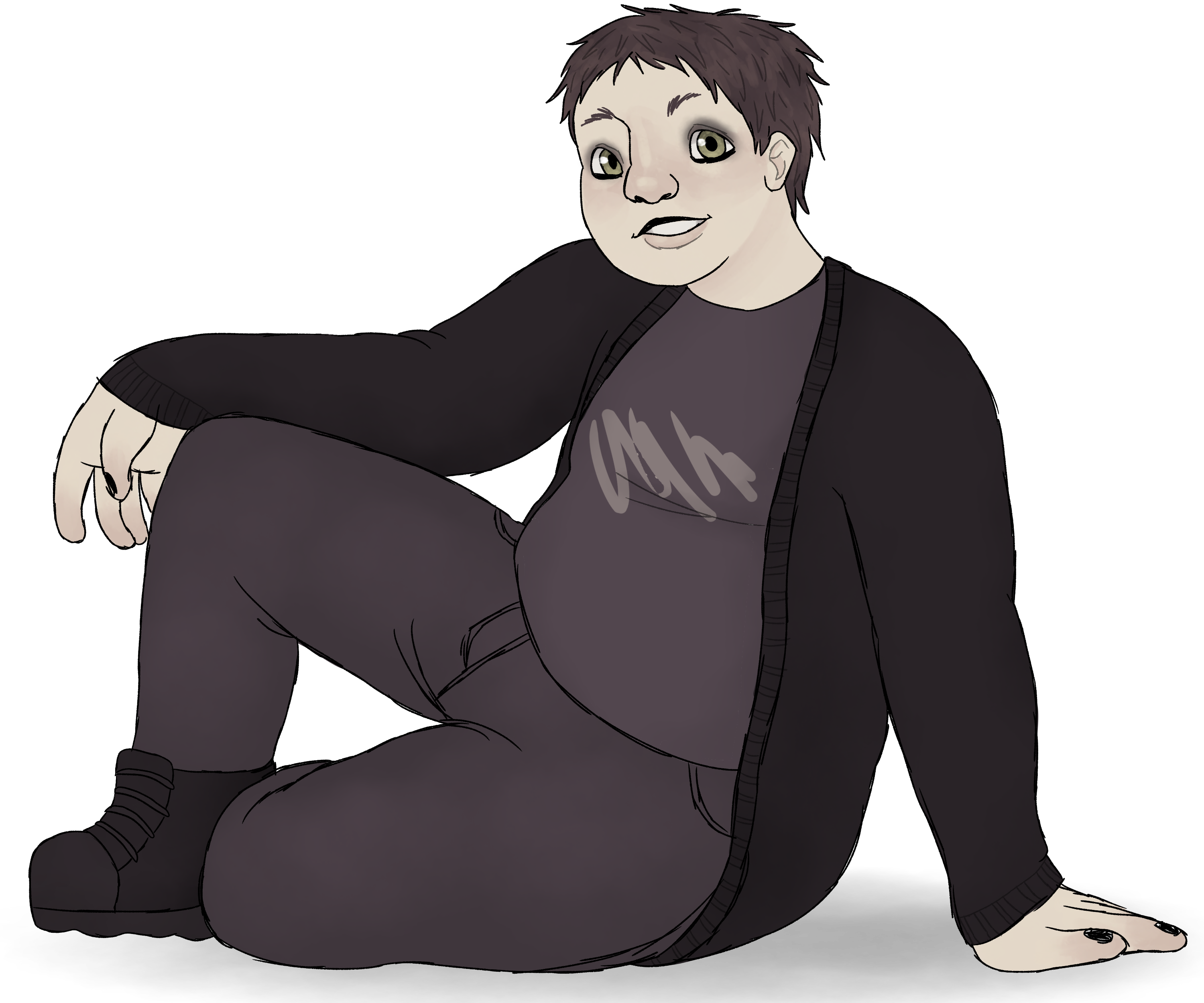 A full-body drawing of EventideBrine in a sitting position. He is drawn as a chubby person with pale skin, dark brown hair, and green eyes. He has a buzzcut and is wearing a black cardigan over a black graphic t-shirt and grey jeans with combat boots on his feet and lots of black eyeshadow on his eyes.